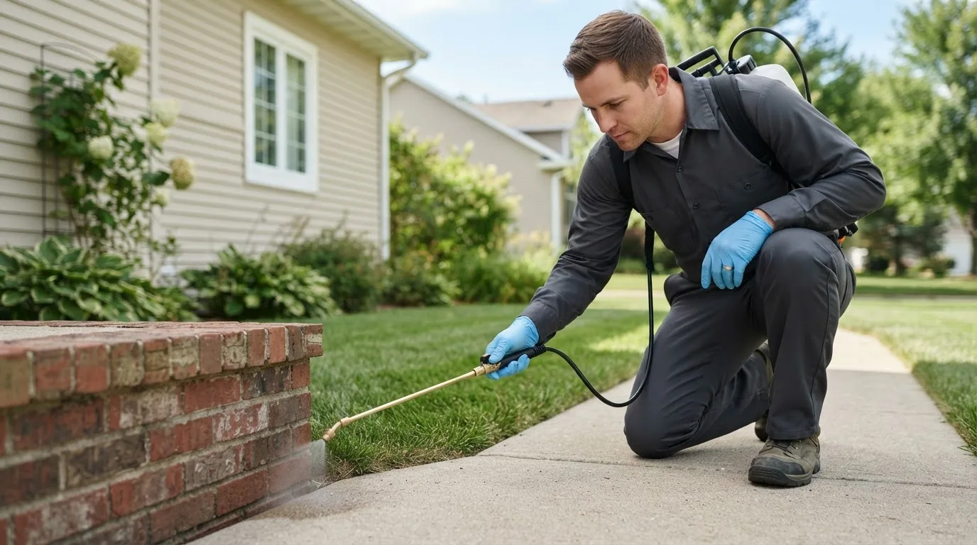 Pest control technician treating a home near Nisland, SD